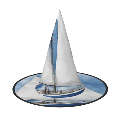 MUFLVDX Blauer Segelboot-Druck, Halloween-Hexenhut, Erwachsene, Halloween-Kostüme, Hexenhüte, Halloween-Dekoration, Party von MUFLVDX