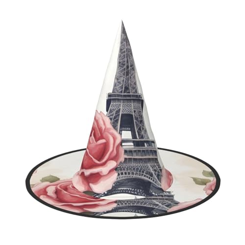 MUFLVDX Eiffelturm Rose Blumendruck Halloween Hexenhut Erwachsene Halloween Hut Kostüme Hexen Hüte Halloween Dekor Party von MUFLVDX