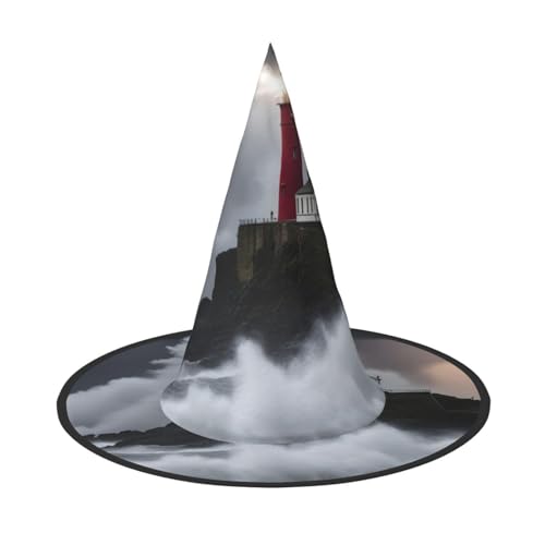 MUFLVDX Leuchtturm im Sturm Druck Halloween Hexenhut Erwachsene Halloween Hut Kostüme Hexen Hüte Halloween Dekor Party von MUFLVDX
