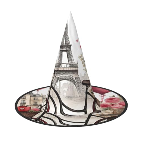 MUFLVDX Love Paris Turm Kaffee Wein Parfüm Fahrrad Herz Druck Halloween Hexenhut Erwachsene Halloween Hut Kostüme Hexen Hüte Halloween Dekor Party von MUFLVDX