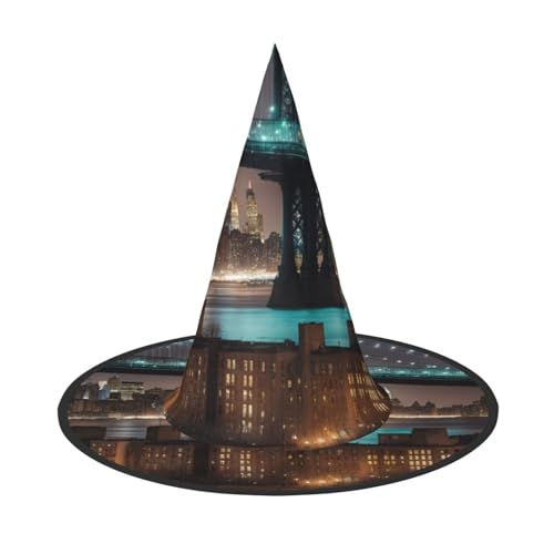 MUFLVDX New York Manhattan Bridge Night Print Halloween Hexenhut Erwachsene Halloween Hut Kostüme Hexen Hüte Dekor Party von MUFLVDX