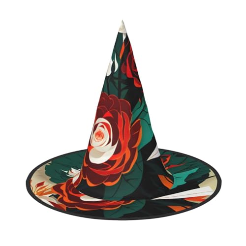 MUFLVDX Rote Rose Blumendruck Halloween Hexenhut Erwachsene Halloween Hut Kostüme Hexen Hüte Dekor Party von MUFLVDX