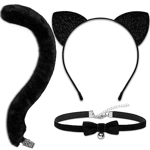 MUKOSEL Katzenohren und Schwanz Set, Schwarz Katzenohren Stirnband Katzenschwanz Choker Halskette Set Schwarze Katze Kostüm Zubehör Halloween Party Cosplay Kostüme Set für Erwachsene Frauen Mädchen von MUKOSEL