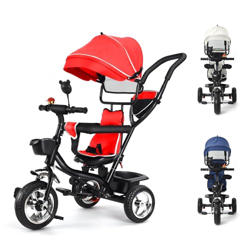 4-in-1-Dreirad für Babys, Trike Bebe, 75 x 46 x 106 cm, mitwachsendes Baby-Dreirad, Sonnenblende verstellbar, 3 Positionen, Komfort-Sitz mit Rückenlehne, Trolley für Babys (rot) von MUL-BOUTIQUE