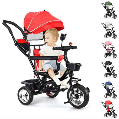 MUL-BOUTIQUE Dreirad für Babys, skalierbar bis zu 35 kg, Babyfahrrad für Kinder ab 1 Jahr, wendbarer Sitz, dreifach erweiterte Sonnenblende (leuchtend rot) von MUL-BOUTIQUE
