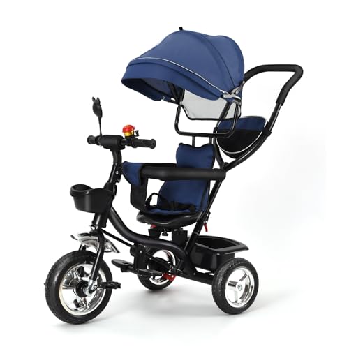 MUL-BOUTIQUE Dreirad für Babys, skalierbares Fahrrad, sicher und bequem, Gleichgewichtsfahrrad für Babys mit Klingel und Spiegeln, mit Baldachin (blau) von MUL-BOUTIQUE