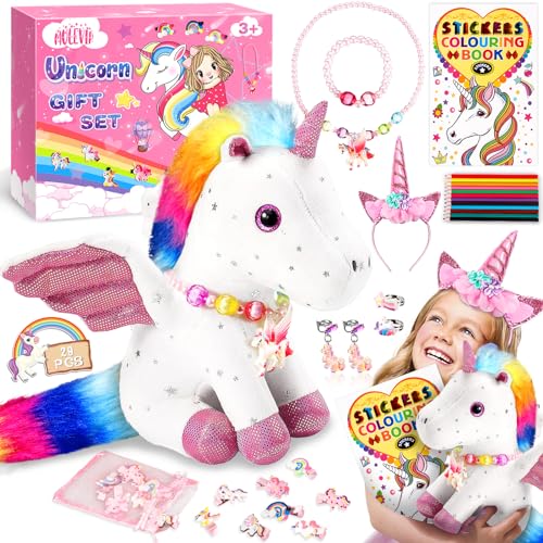 MULEVIP Einhorn Geschenke für Mädchen 29pc Einhorn Kuscheltier, Geburtstagsgeschenk Schmuckset Mädchen 2 3 4 5 6 Jahre,Geschenke für 3-7 Jahre Mädchen ab 3-8 Jahre,Mädchen Bastelset Kinder von MULEVIP