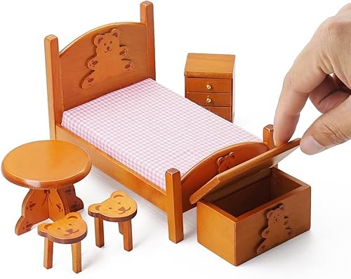 Puppenhaus-Möbel, Maßstab 1:12, Einzelbett mit Bettwäsche, niedlicher Truhe, Miniatur-Puppenhaus-Möbel, Mini-Nachttisch und Stühle, Nachttisch aus Holz, 6 Stück Puppenhaus-Möbel, Maßstab 1:12, Einzelbett mit Bettwäsche, niedlicher Truhe, Miniatur-Puppenhaus-Möbel, Mini-Nachttisch und Stühle, Nachttisch aus Holz, 6 Stück von MUMQAQ