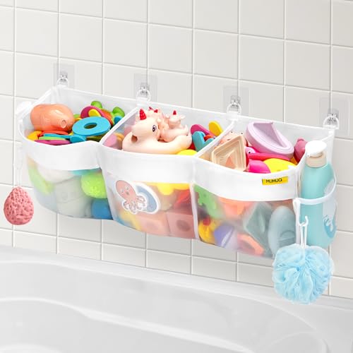 Badewannenspielzeug Aufbewahrung Badespielzeug Aufbewahrung 3 Fächern Duschablage Ohne Bohren Hängeorganizer Badespielzeughalter Mesh Tasche Aufbewahrungstasche und Sortierung von Spielzeug, Weiß Badewannenspielzeug Aufbewahrung Badespielzeug Aufbewahrung 3 Fächern Duschablage Ohne Bohren Hängeorganizer Badespielzeughalter Mesh Tasche Aufbewahrungstasche und Sortierung von Spielzeug, Weiß von MUMUQ