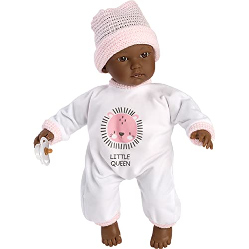Llorens 1030012 Puppe Cuquita mit braunen Augen, dunkelhäutig, Babypuppe mit weichem Körper, inkl. Stampler und Mütze, 30 cm von Llorens