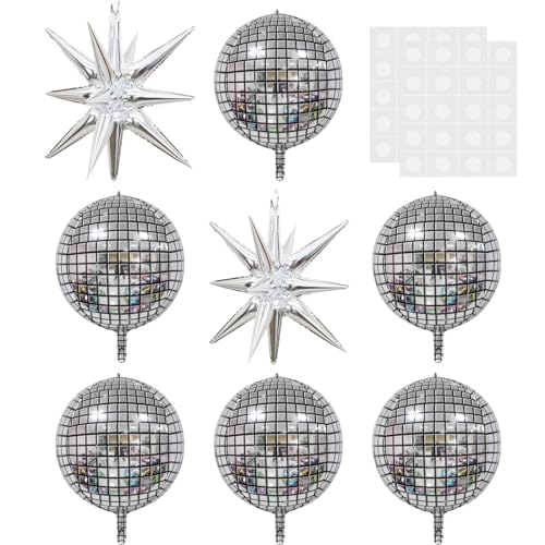 MUNSKT 8-teiliges Disco-Folienballon-Set, 55,9 cm, groß, silberfarben, 4D-Mylar-Spiegelkugel und Starburst-Aluminiumballon mit Klebepunkten, metallische Dekorationen für Geburtstag, 70er, 80er, MUNSKT 8-teiliges Disco-Folienballon-Set, 55,9 cm, groß, silberfarben, 4D-Mylar-Spiegelkugel und Starburst-Aluminiumballon mit Klebepunkten, metallische Dekorationen für Geburtstag, 70er, 80er, von MUNSKT