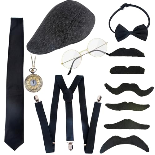 MUNSKT 1920er Jahre Gatsby Kostüm Kit Herren Halloween Karneval Fasching Zubehör Set mit Hut, Strapse, Schleife, Krawatte, Taschenuhr, Brille, Schnurrbärte MUNSKT 1920er Jahre Gatsby Kostüm Kit Herren Halloween Karneval Fasching Zubehör Set mit Hut, Strapse, Schleife, Krawatte, Taschenuhr, Brille, Schnurrbärte von MUNSKT