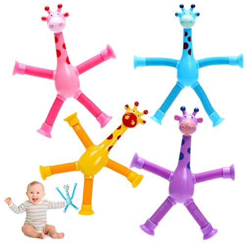 MUNSKT 4 Stück Teleskop Saugnapf Giraffe Spielzeug, Pop Röhren Sensorisches Giraffen Spielzeug, Fidget Röhren Telescopic Suction Cup Giraffe Toy, Stressabbau Spielzeug für Kinder und Erwachsene von MUNSKT