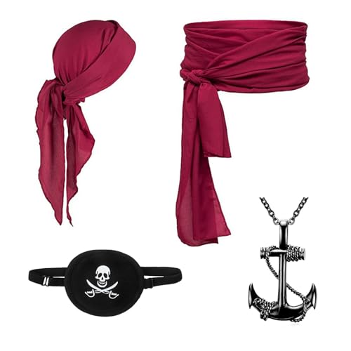 MUNSKT 4 Stück Mittelalter Renaissance Piraten Kostüm Set Bandana Große Schärpe Gürtel Augenklappe Halskette Zubehör für Erwachsene Männer Party von MUNSKT