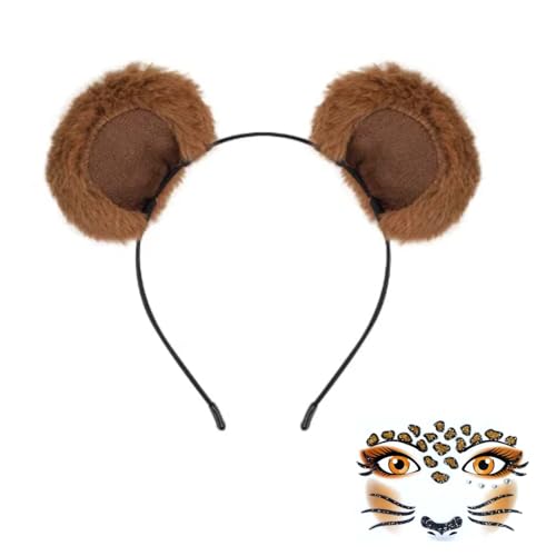 MUNSKT Bärenohren Stirnband mit entzückenden Gesichtsaufklebern, verstellbares Tierkostüm Zubehör für Halloween, Cosplay, Partys (Kinder & Erwachsene) (Dunkelbraun, Einheitsgröße) von MUNSKT