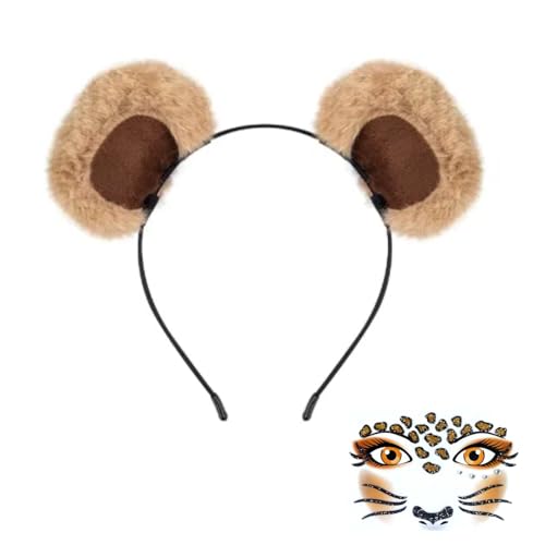 MUNSKT Bärenohren Stirnband mit entzückenden Gesichtsaufklebern, verstellbares Tierkostüm Zubehör für Halloween, Cosplay, Partys (Kinder & Erwachsene) (Hellbraun, Einheitsgröße) von MUNSKT
