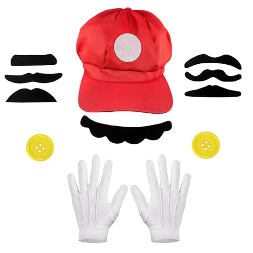 MUNSKT Cosplay-Kostüm-Zubehör-Set mit Bodysuit, Mütze, Schnurrbärte, weiße Handschuhe, Bros-Kostüm, für Damen und Herren, 4 Stück MUNSKT Cosplay-Kostüm-Zubehör-Set mit Bodysuit, Mütze, Schnurrbärte, weiße Handschuhe, Bros-Kostüm, für Damen und Herren, 4 Stück von MUNSKT