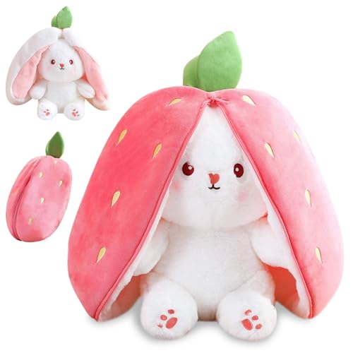 MUNSKT Hase Plüschtier Verstecken squishmallow klein,Erdbeerhasen Kissen Plüschtier, Kuscheltier Hase, Kuscheltier Plüschtier, Hasenplüschtier, Ostergeschenke Kindergeburtstag Geschenk (25cm) von MUNSKT