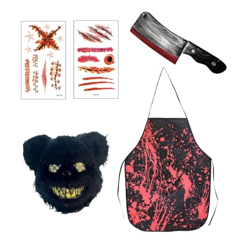 MUNSKT Horrorbär Metzger Kostüm Set Halloween Outfits für Männer Frauen enthält gefälschtes Hackmesser, blutige Schürze, Narbentattoos & Schwarzbär-Maske - Perfekt für Halloween, Tag der Toten MUNSKT Horrorbär Metzger Kostüm Set Halloween Outfits für Männer Frauen enthält gefälschtes Hackmesser, blutige Schürze, Narbentattoos & Schwarzbär-Maske - Perfekt für Halloween, Tag der Toten von MUNSKT