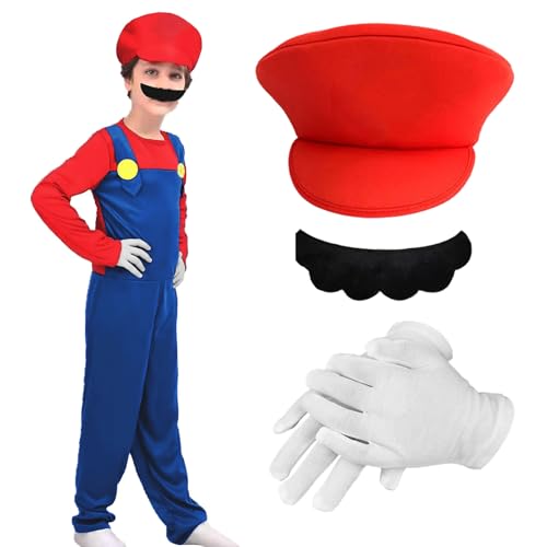 MUNSKT Cosplay Kostüm Super Brothers Klempner, Kostüm Mit Bodysuit, Cap Und Schnurrbart, Karneval Halloween Cosplay Kostüm Für Herren Damen Junge Mädchen Kinder, Herren Rot (Kinder-L) von MUNSKT