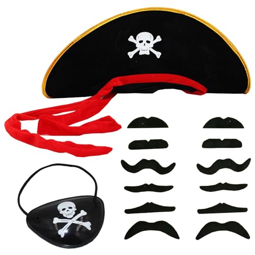 MUNSKT Piratenkostüm-Zubehör, Piratenkapitän-Kostüm mit Hut, Augenklappe, Schnurrbart für lustige Party, Karibik-Kostüm, Cosplay- und Partyzubehör. MUNSKT Piratenkostüm-Zubehör, Piratenkapitän-Kostüm mit Hut, Augenklappe, Schnurrbart für lustige Party, Karibik-Kostüm, Cosplay- und Partyzubehör. von MUNSKT
