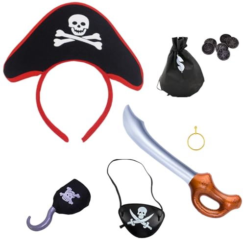 MUNSKT Piratenkostüm-Zubehör-Set, Piraten-Kopfband, schwarze Geldtasche, Totenkopf-Augenklappe, Stoffhaken, goldener Ring für Erwachsene, Kinder, Karneval, Halloween, Party, 6-teilig von MUNSKT