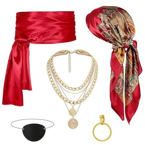 MUNSKT Piratenkostüm-Zubehör für Damen, Kopftuch und Schärpe, Taillenkette, Armband, Nasenring, Augenklappe, Halloween-Kostüm, Karnevalsset, Cosplay-Anzug von MUNSKT