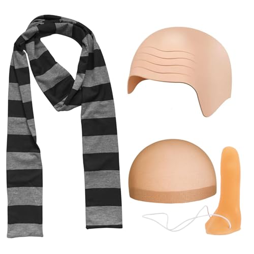MUNSKT Set mit 4 Halloween-Cartoon-Cosplay-Kostüm-Accessoires – Glatzenmütze, schwarz-grau gestreifter Schal, lange Nase für Halloween, Rollenspiele, Partyzubehör MUNSKT Set mit 4 Halloween-Cartoon-Cosplay-Kostüm-Accessoires – Glatzenmütze, schwarz-grau gestreifter Schal, lange Nase für Halloween, Rollenspiele, Partyzubehör von MUNSKT