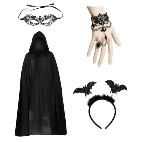 MUNSKT Vampir-Kostüm-Set, 4-teilig, für Damen, mit 120 cm schwarzem Umhang, gehörntem Stirnband, Augenmaske, Armband, perfekt für Halloween, Partys, Cosplay MUNSKT Vampir-Kostüm-Set, 4-teilig, für Damen, mit 120 cm schwarzem Umhang, gehörntem Stirnband, Augenmaske, Armband, perfekt für Halloween, Partys, Cosplay von MUNSKT