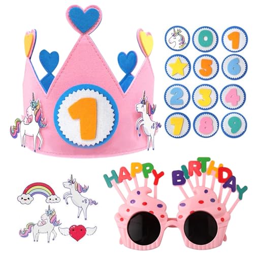 MUNSKT Wiederverwendbare Geburtstagsparty Hut Krone mit Happy Birthday Brille abnehmbar Digital verstellbar Einhorn Filz Hut für Mädchen Jungen Baby von MUNSKT