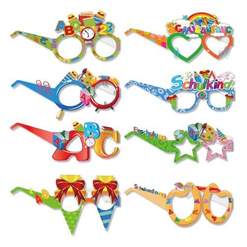 MUNZE 8 Stück Einschulung Deko,Schulanfang Schulkind Brille, Einschulung Deko Fotobox Requisiten, Buchstaben 123-Brille Set,Einschulungsdeko Papier Partybrille,Für Kinder Party. von MUNZE