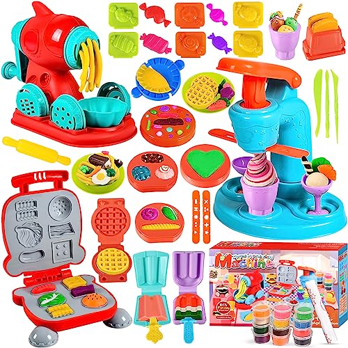 MUOIVG 51 Stück Knete Dough Set für Kinder, Kitchen Creations Nudelmaschine Spielset Burger Eiscreme, Knete Zubehör mit Accessoires und 12 Dosen Knete, Spielzeug Geschenk mädchen & Junge 2-10 Jahre von MUOIVG