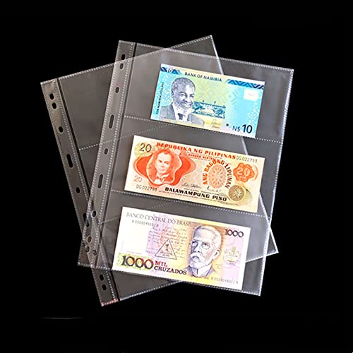 MUROAD 60 Taschen Währungsaufbewahrungsblätter, 9-Loch-Füllhüllen mit PP-Material, PVC- und säurefrei, 3-Taschen-Seite Geldscheinhalter Nachfüllblätter für Sammler von MUROAD