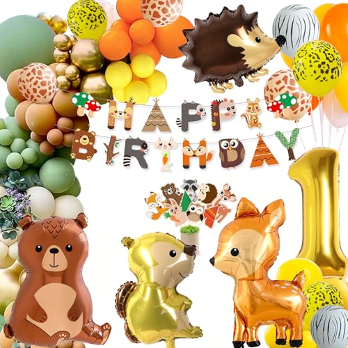 1 Geburtstag Deko Junge Mädchen,Kindergeburtstag Deko,Geburtstagsdeko 1 Jahr,Waldtiere Dschungel Geburtstag Deko,Orange Braun Luftballon mit Happy Birthday von MUSELK