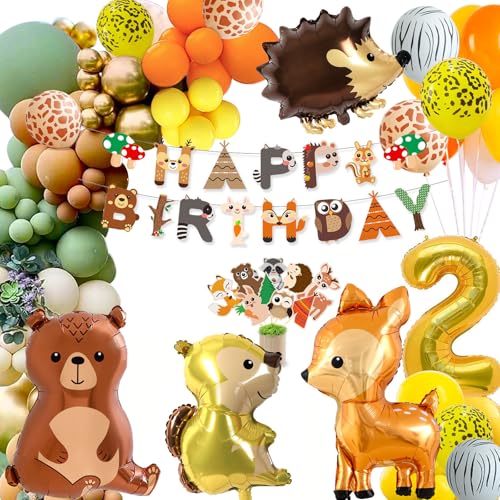 2 Geburtstag Deko Junge Mädchen,Kindergeburtstag Deko,Geburtstagsdeko 2 Jahr,Waldtiere Dschungel Geburtstag Deko,Orange Braun Luftballon mit Happy Birthday von MUSELK