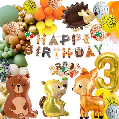 3 Geburtstag Deko Junge Mädchen,Kindergeburtstag Deko,Geburtstagsdeko 3 Jahr,Waldtiere Dschungel Geburtstag Deko,Orange Braun Luftballon mit Happy Birthday von MUSELK
