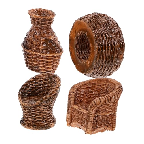 MUSISALY 1 Satz Mini-Tisch- und Stuhlmodell Dekoration Mini-Hausmöbel Rattan-Modell Bambustopf Wohnkultur eincremehilfe Miniaturmöbel schmücken Feengarten Harz Light Brown von MUSISALY