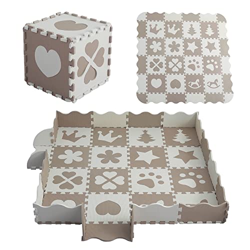 MUSOLEI Puzzlematte Baby Puzzle Matte Boden Spielmatte Kinder Beige XXL Kinderspielteppich mit Zaun Schadstofffrei Eva Schaumstoff Krabbelmatte 36 Stücke rutschfest 142×142×1cm, Modell 01 von MUSOLEI