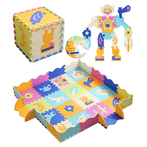 MUSOLEI Puzzlematte Baby Puzzle Matte Boden Kinder Spielmatte Kinderspielteppich mit Zaun Eva Schaumstoff Schadstofffrei XXL Roboter Krabbelmatte 36 Stücke rutschfest 142×142×1cm, Modell 06 von MUSOLEI