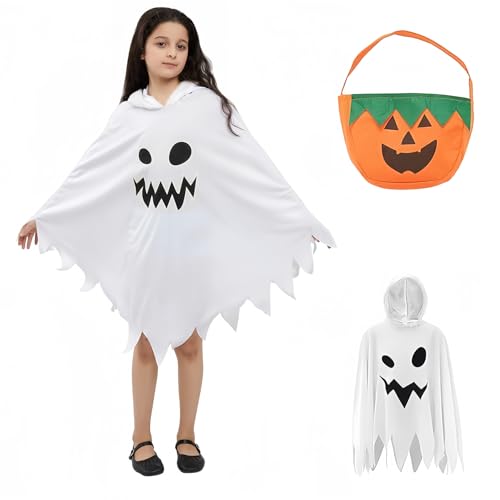 MUXIWOM Gespenst Kostüm für Kinder, Halloween Geister Outfit mit Kürbis Tasche, Weiß (7-12 Jahre) von MUXIWOM