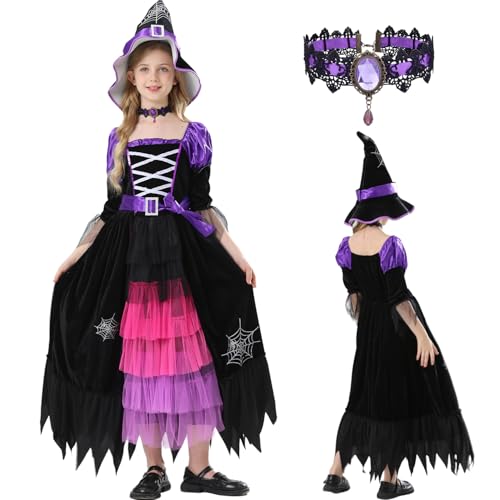 MUXIWOM Hexenkostüm Mädchen, Lila Hexenkostüm Kinder, Halloween Hexe Kostüm für Kinder Mädchen, Halloween Kostüm Kinder Mädchen, Hexe Kostüm für Halloween Karneval Cosplay Party(7-9Jahre) von MUXIWOM
