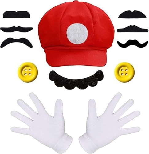 MUYAPAY Cosplay Kostüm Zubehör Kindheitshelden Set Männer Damen Cosplay mit Mützen Handschuhen Klebe-Bärten für Kinder Damen Herren Festival Accessoires Witzige Kostüme (Rot) von MUYAPAY
