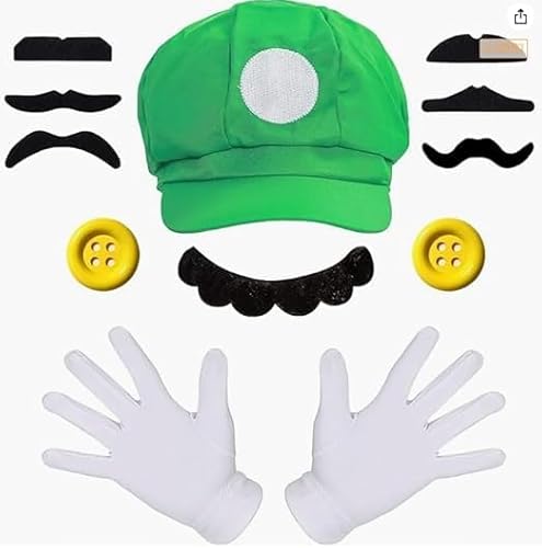 MUYAPAY Cosplay Kostüm Zubehör Kindheitshelden Set Männer Damen mit Mützen, Handschuhen Klebe-Bärten Cosplay für Kinder Damen Herren Festival Accessoires Witzige Kostüme (Grün) von MUYAPAY