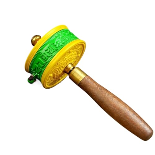 Gebetsrad, buddhistisches Handgebetrad, tibetisches mit Holzgriff, Doppellager, Gebetsrolle, Messing(Gold) von MUZIT
