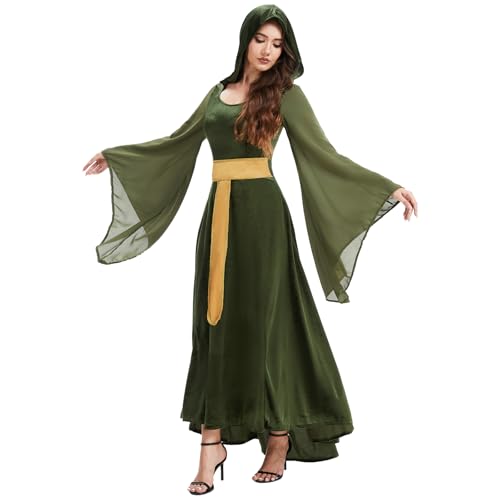 Damen Mittelalterliches Retro Grün Langes Kleid mit Kapuze & Schnürung - Renaissance Viktorianische Prinzessin Kostüm für Halloween Karneval Party (Grün, L) von MVFEUIJ