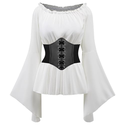 MVFEUIJ Damen Mittelalter Kleid Viktorianisches Kleideroberteile, Renaissance Trompete Ärmel Kostüm Set mit Retro-Gürteltasche, Mittelalter GüRtel, GüRtelschlaufe, für Cosplay, Hexe (XS) von MVFEUIJ