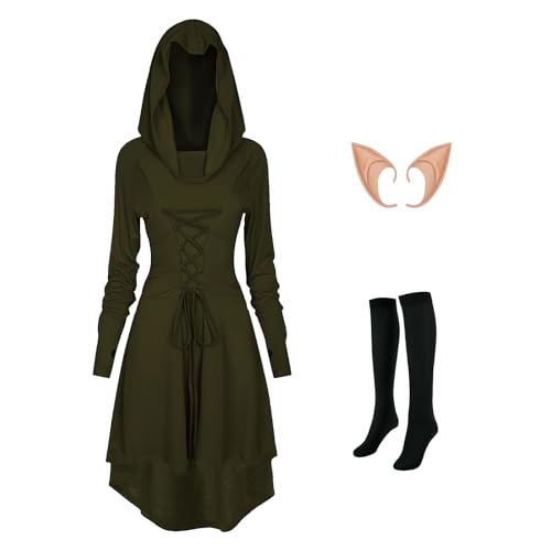 MVFEUIJ Gothic Kleid Damen Mittelalter Kleidung, Retro Mit Kapuze Kleid Damen, Passende Strümpfe und Ohrringe, Renaissance Kleid für Halloween (Grün, M) von MVFEUIJ