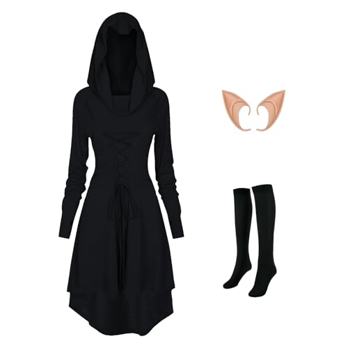 MVFEUIJ Gothic Kleid Damen Mittelalter Kleidung, Retro Mit Kapuze Kleid Damen, Passende Strümpfe und Ohrringe, Renaissance Kleid für Halloween (Schwarz, 2XL) von MVFEUIJ
