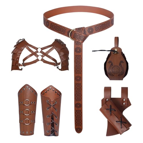 MVFEUIJ Halloween Mittelalter GüRtel Anzug, Wikinger Kleidung ZubehöR, Mittelalter Ritter Zubehör, Kostüm Zubehör 5 Set für Cosplay, Zauberer, Maskerade, Halloween (Braun) von MVFEUIJ