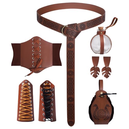 MVFEUIJ Halloween Nekromanten Anzug, Mittelalter Kleidung für Damen Herren Accessoires Set, Retro Schal Armschienen Gürtel Tasche Retro Zubehör 6 Set (Braun) von MVFEUIJ